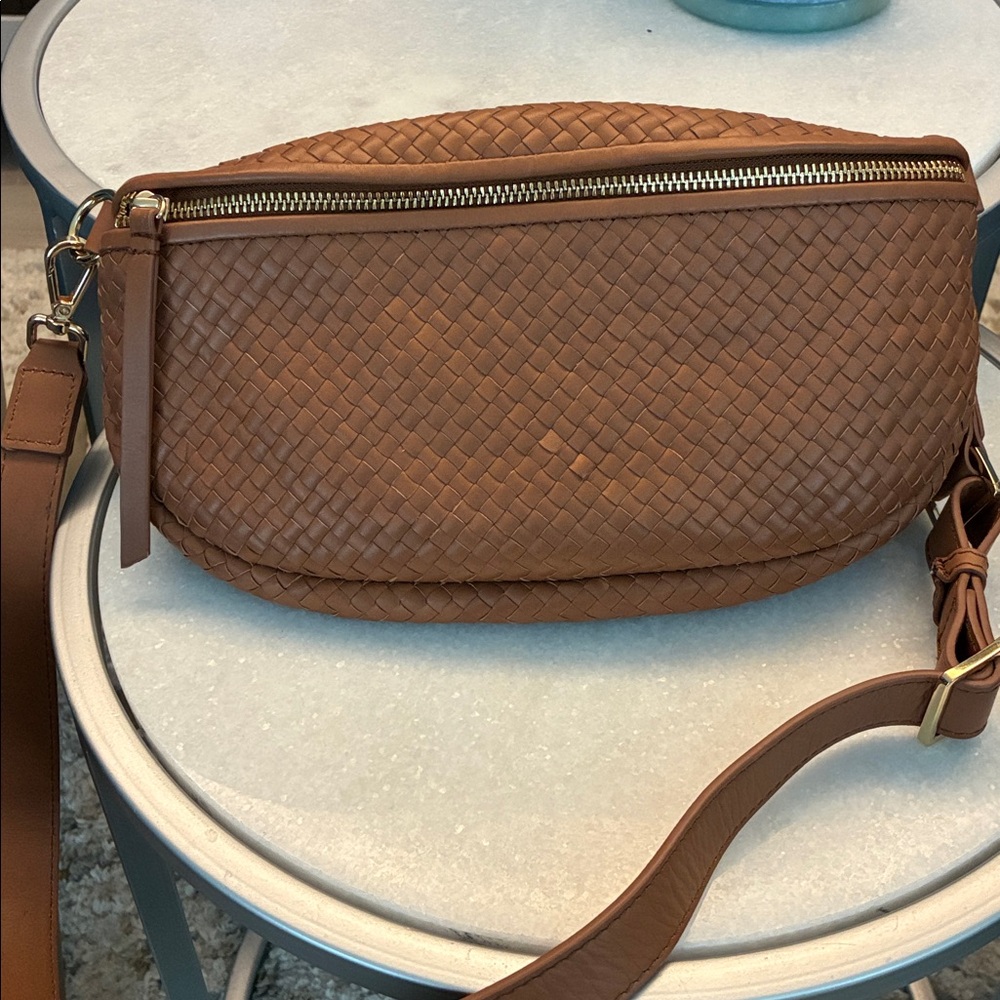 Quince Italian Leather Hand Woven Sling Bag Cognac